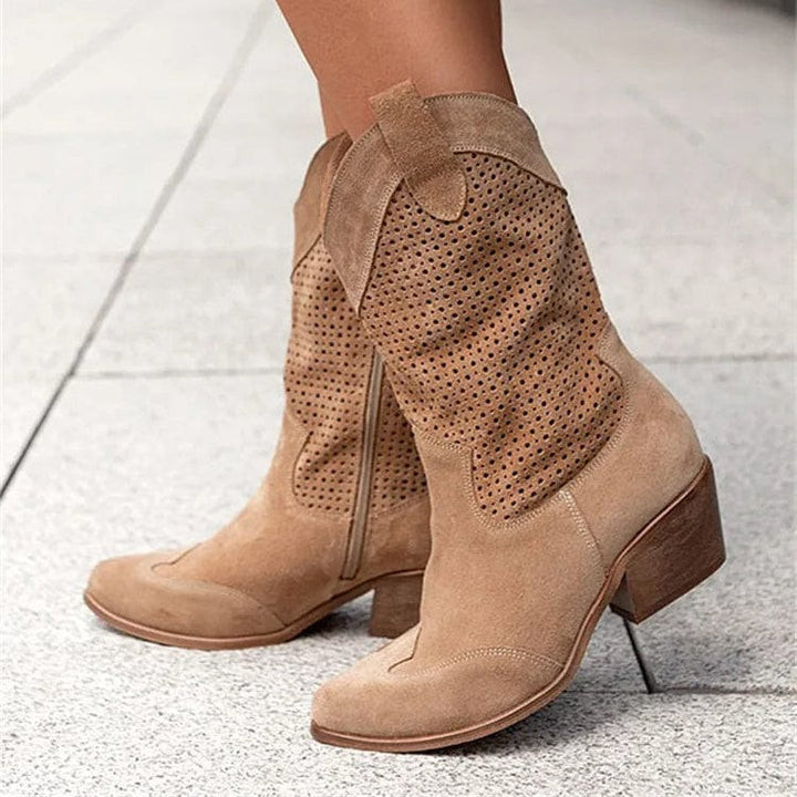 Taren | Women's Side-Zip Western Boots with Block Heel and Perforated Panels