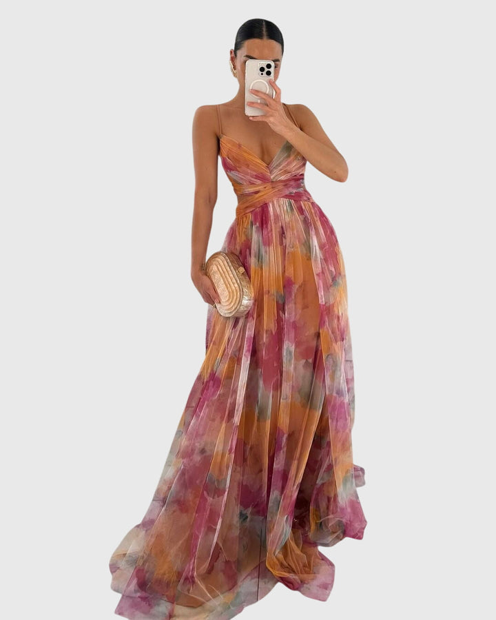 Giselle | Women's Floral Print High-Waisted Maxi Dress with Crisscross Straps