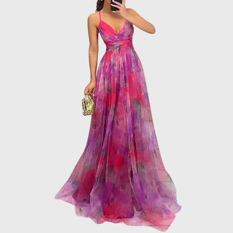 Giselle | Women's Floral Print High-Waisted Maxi Dress with Crisscross Straps