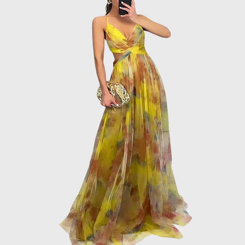 Giselle | Women's Floral Print High-Waisted Maxi Dress with Crisscross Straps