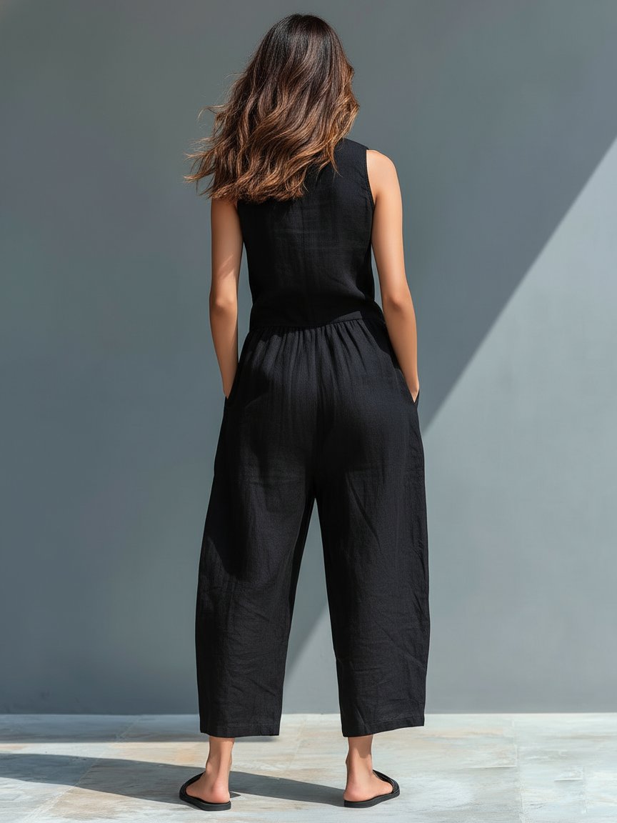Chloe | Women's Sleeveless Linen Blend Jumpsuit with Button-Up Stand Collar