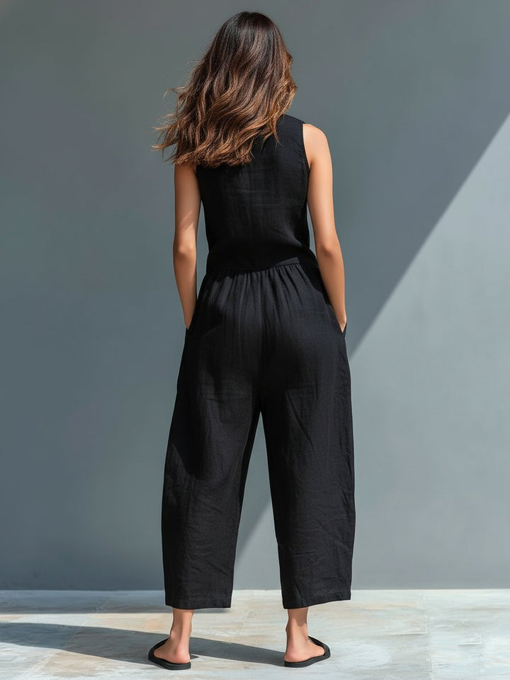 Chloe | Women's Sleeveless Linen Blend Jumpsuit with Button-Up Stand Collar