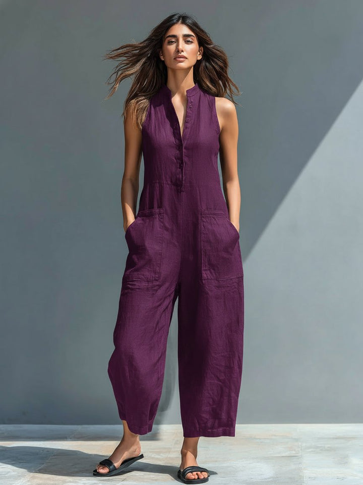 Chloe | Women's Sleeveless Linen Blend Jumpsuit with Button-Up Stand Collar