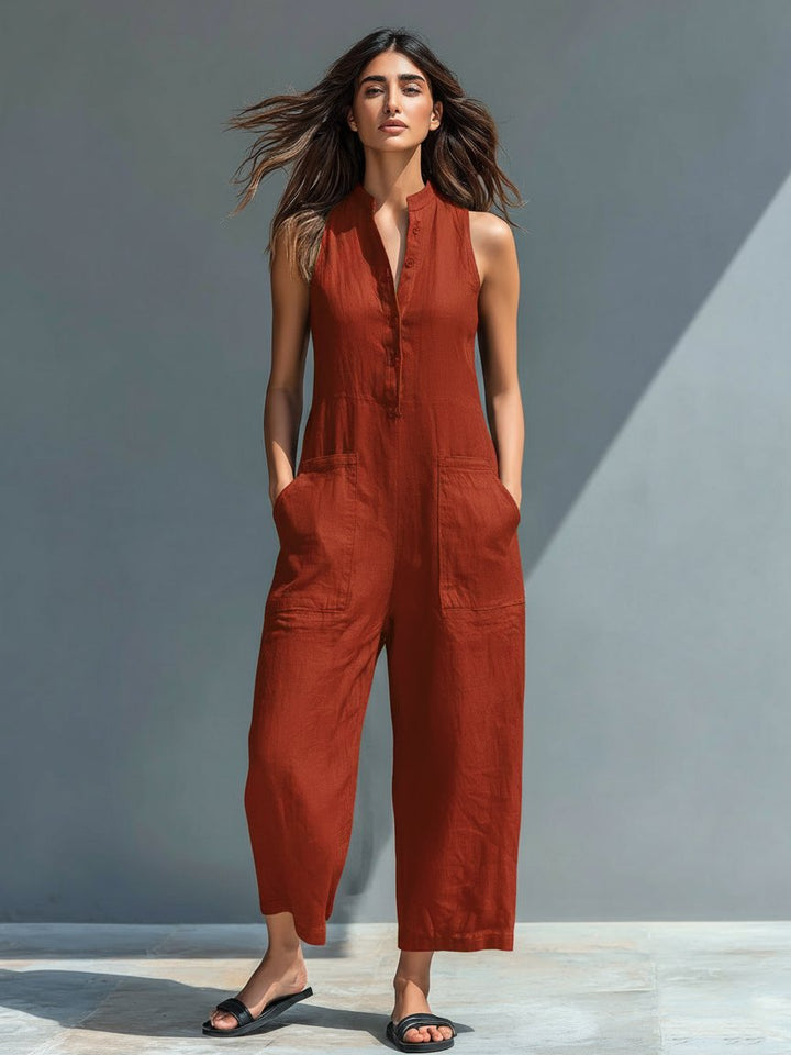 Chloe | Women's Sleeveless Linen Blend Jumpsuit with Button-Up Stand Collar