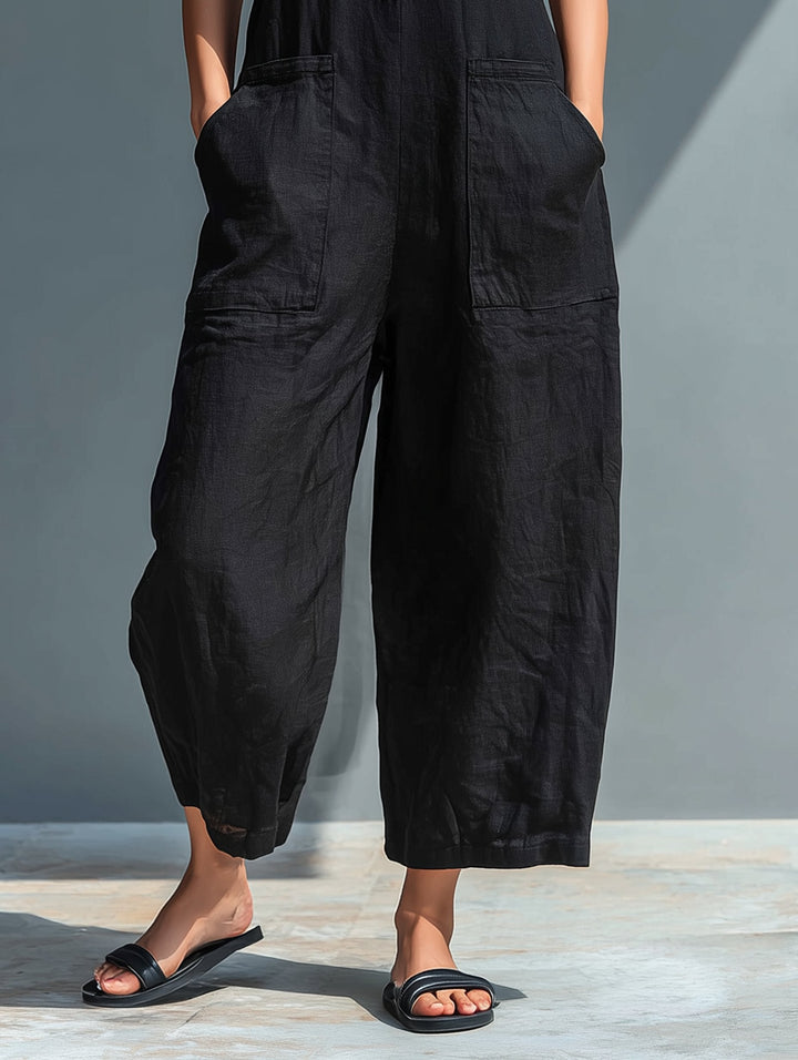 Chloe | Women's Sleeveless Linen Blend Jumpsuit with Button-Up Stand Collar