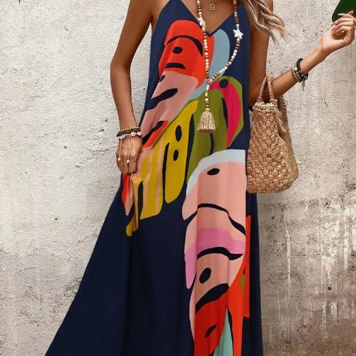 Scarlett | Women's Sleeveless V-Neck Maxi Dress with Tropical Leaf Print