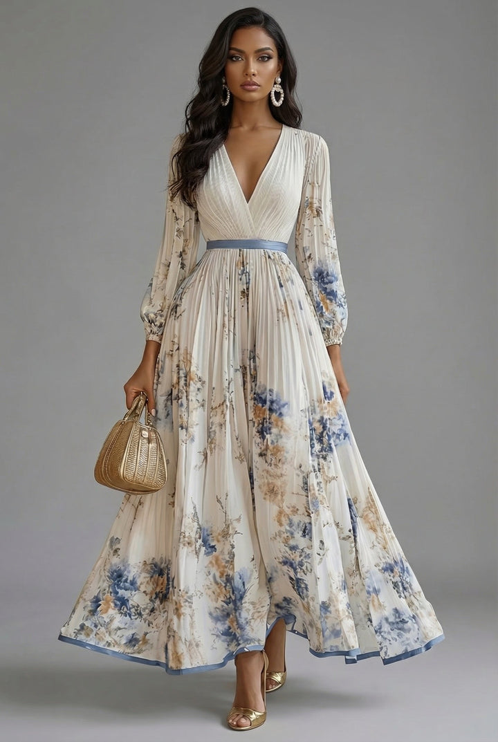 Evelyn | Women's V-Neck Long-Sleeve Pleated Maxi Dress in Floral Print