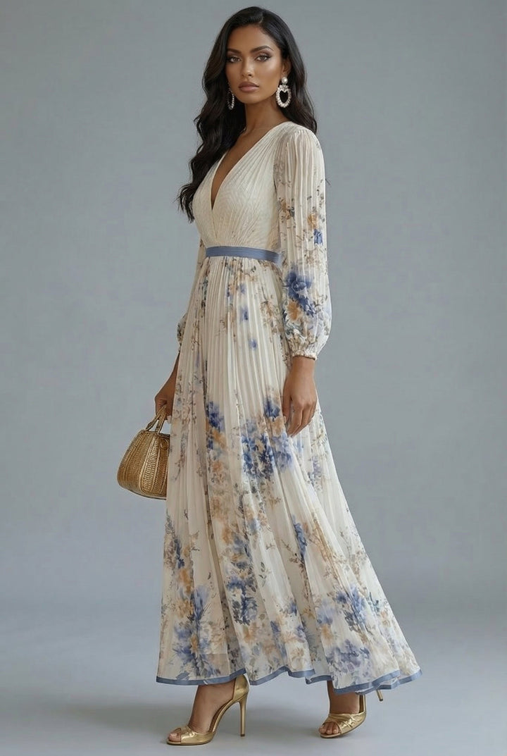 Evelyn | Women's V-Neck Long-Sleeve Pleated Maxi Dress in Floral Print