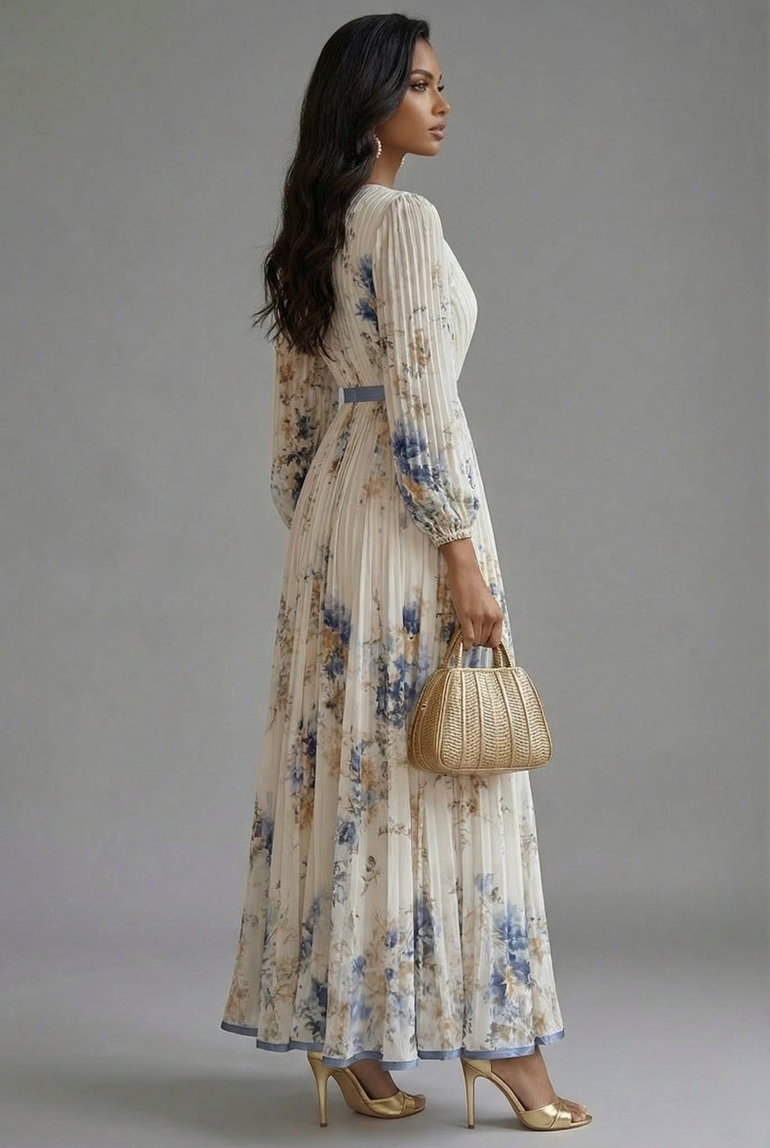 Evelyn | Women's V-Neck Long-Sleeve Pleated Maxi Dress in Floral Print