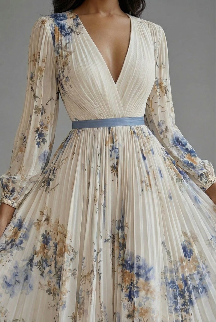 Evelyn | Women's V-Neck Long-Sleeve Pleated Maxi Dress in Floral Print