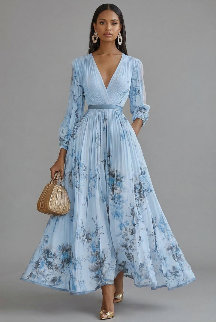Evelyn | Women's V-Neck Long-Sleeve Pleated Maxi Dress in Floral Print