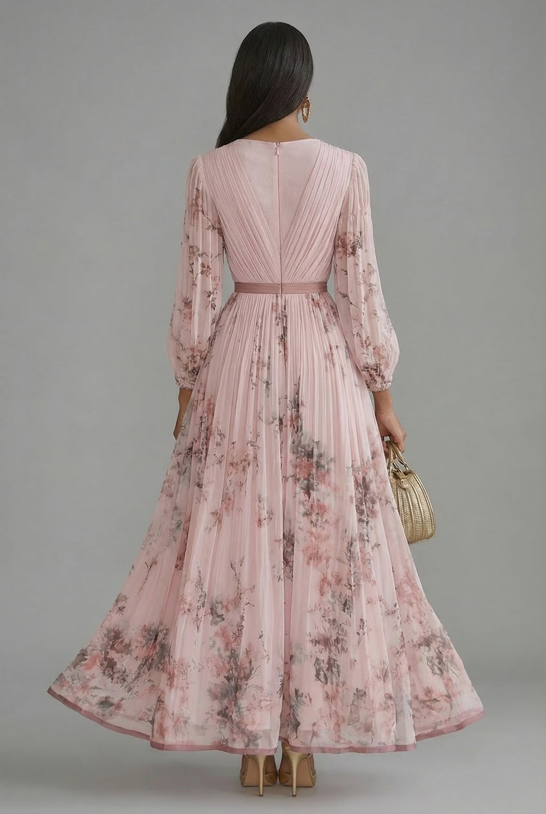 Evelyn | Women's V-Neck Long-Sleeve Pleated Maxi Dress in Floral Print