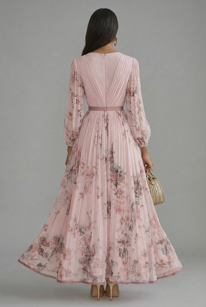 Evelyn | Women's V-Neck Long-Sleeve Pleated Maxi Dress in Floral Print