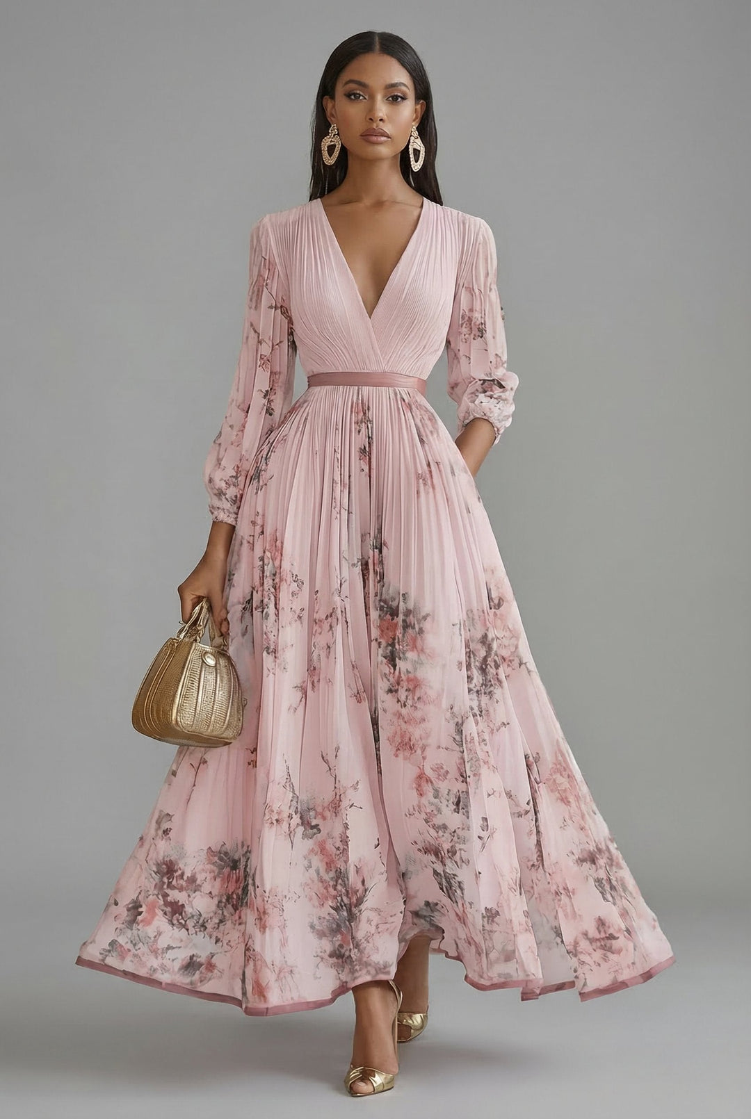 Evelyn | Women's V-Neck Long-Sleeve Pleated Maxi Dress in Floral Print