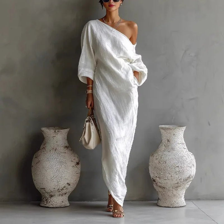 Evelyn | Women's One Shoulder Relaxed Fit Linen Maxi Dress With Side Pockets