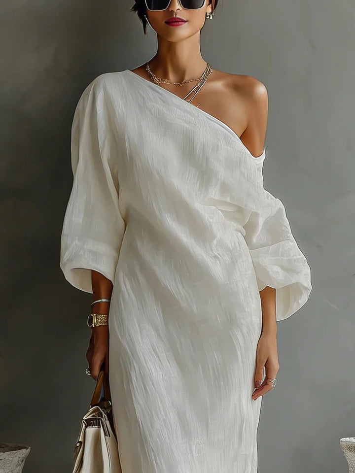 Evelyn | Women's One Shoulder Relaxed Fit Linen Maxi Dress With Side Pockets