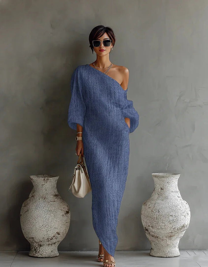 Evelyn | Women's One Shoulder Relaxed Fit Linen Maxi Dress With Side Pockets