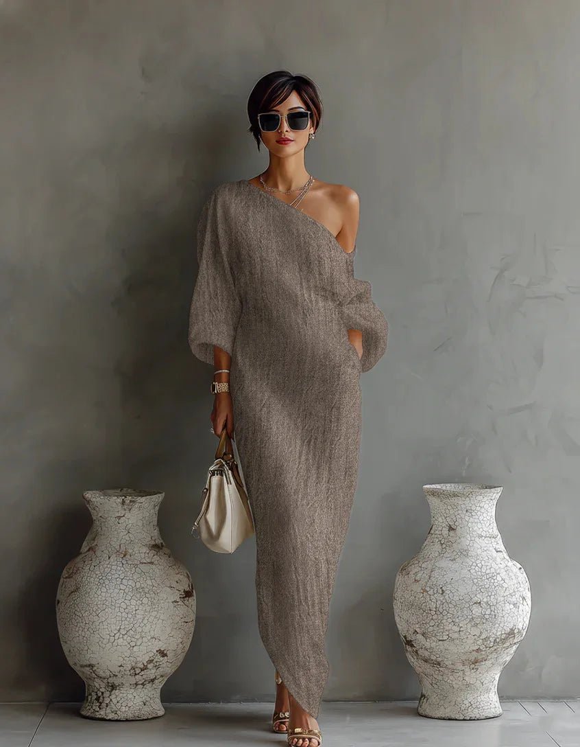 Evelyn | Women's One Shoulder Relaxed Fit Linen Maxi Dress With Side Pockets