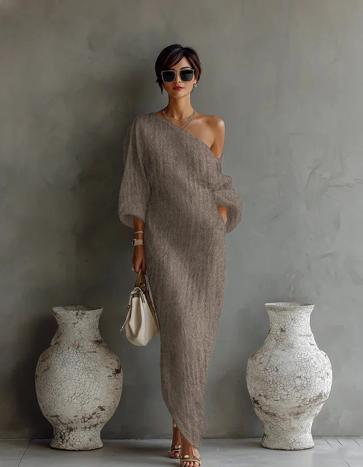 Evelyn | Women's One Shoulder Relaxed Fit Linen Maxi Dress With Side Pockets