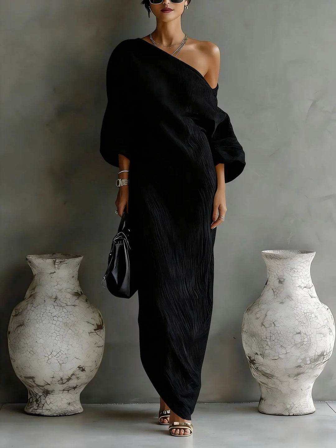 Evelyn | Women's One Shoulder Relaxed Fit Linen Maxi Dress With Side Pockets