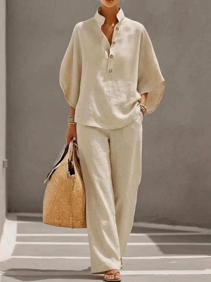 Eszter™ – Cotton-linen set with batwing sleeves and wide-leg trousers