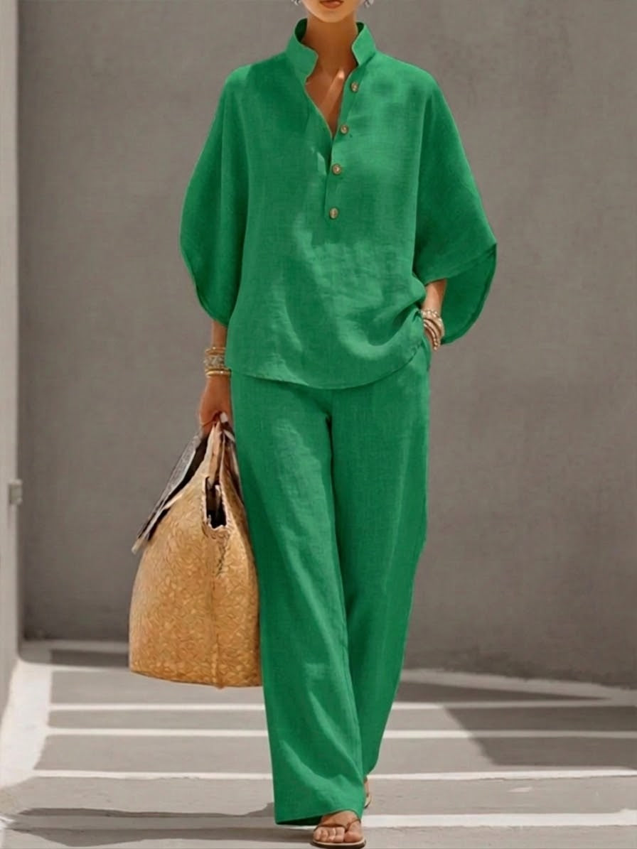 Eszter™ – Cotton-linen set with batwing sleeves and wide-leg trousers