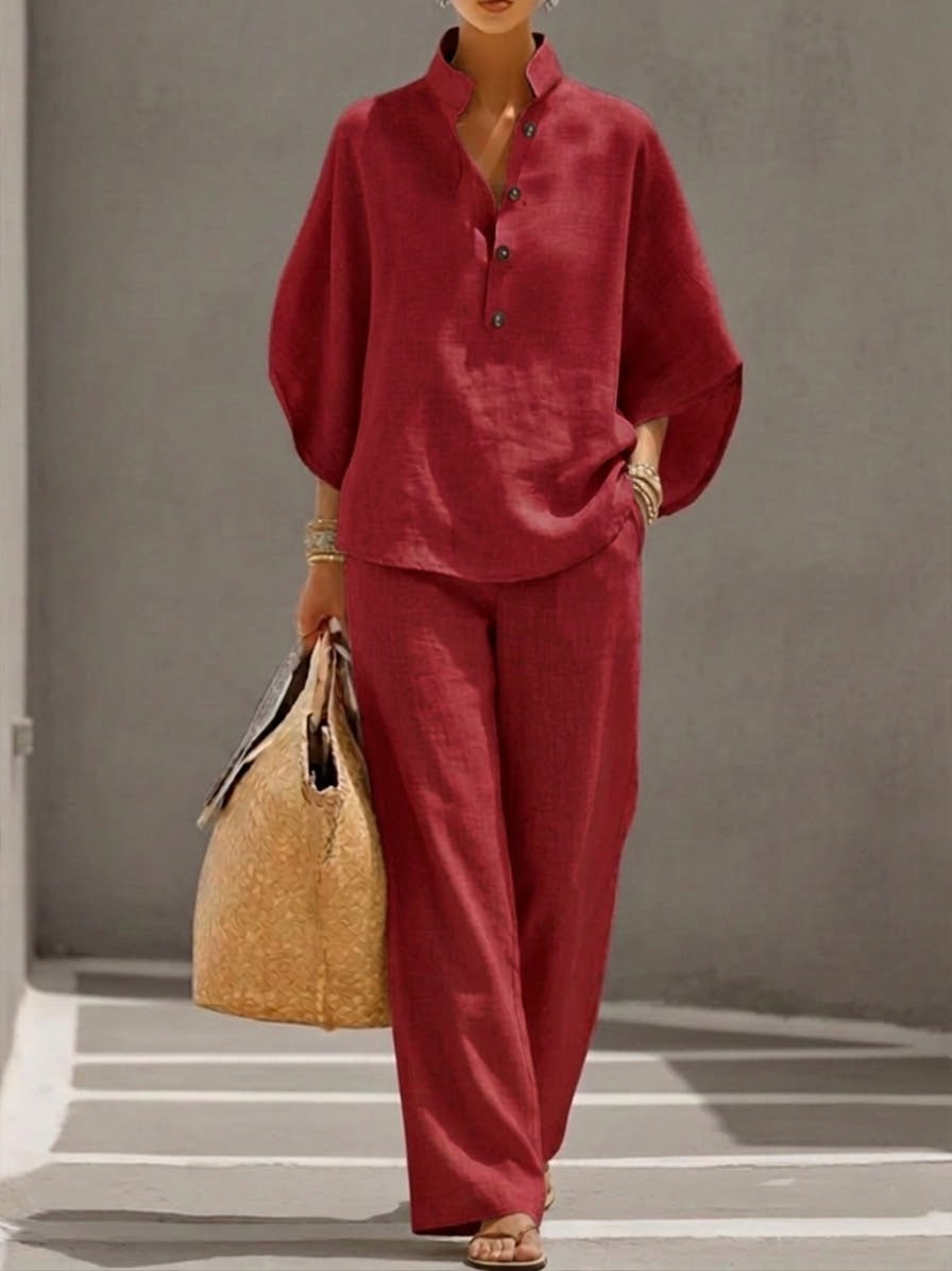 Eszter™ – Cotton-linen set with batwing sleeves and wide-leg trousers