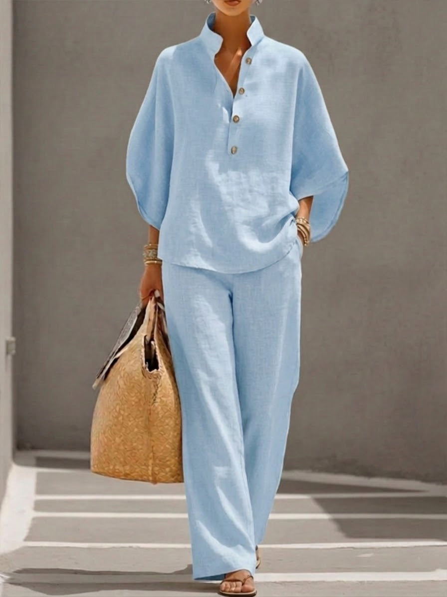 Eszter™ – Cotton-linen set with batwing sleeves and wide-leg trousers