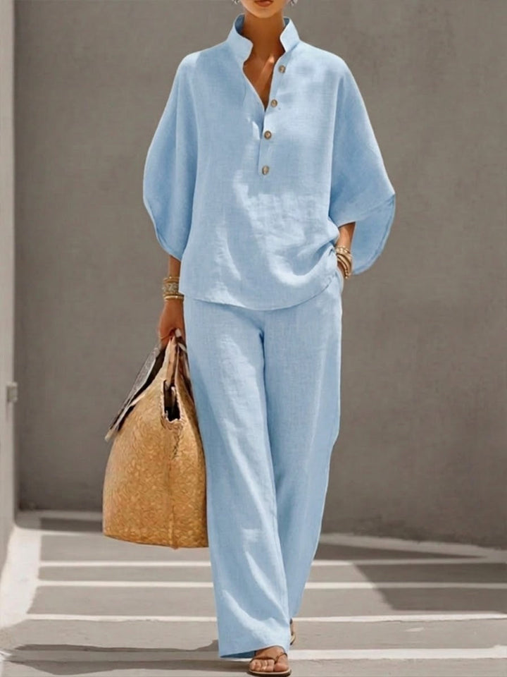 Eszter™ – Cotton-linen set with batwing sleeves and wide-leg trousers