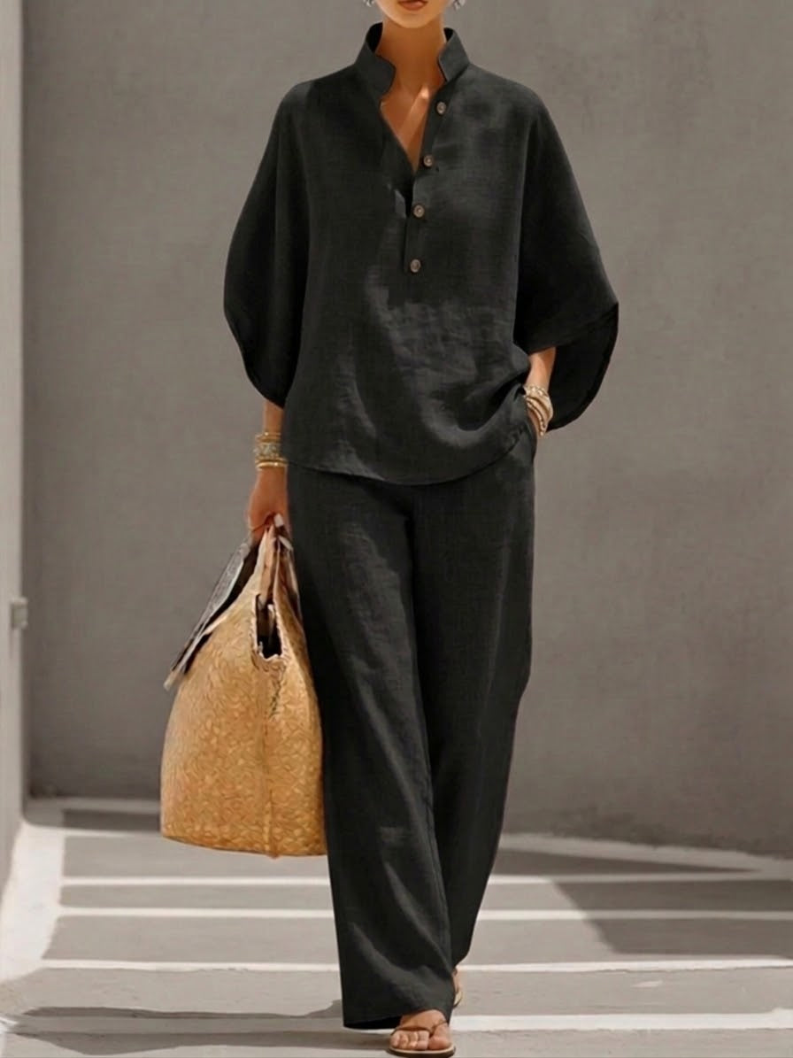 Eszter™ – Cotton-linen set with batwing sleeves and wide-leg trousers