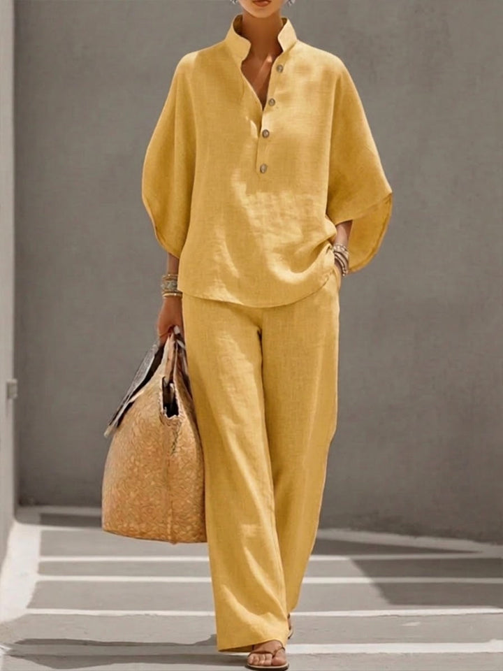 Eszter™ – Cotton-linen set with batwing sleeves and wide-leg trousers