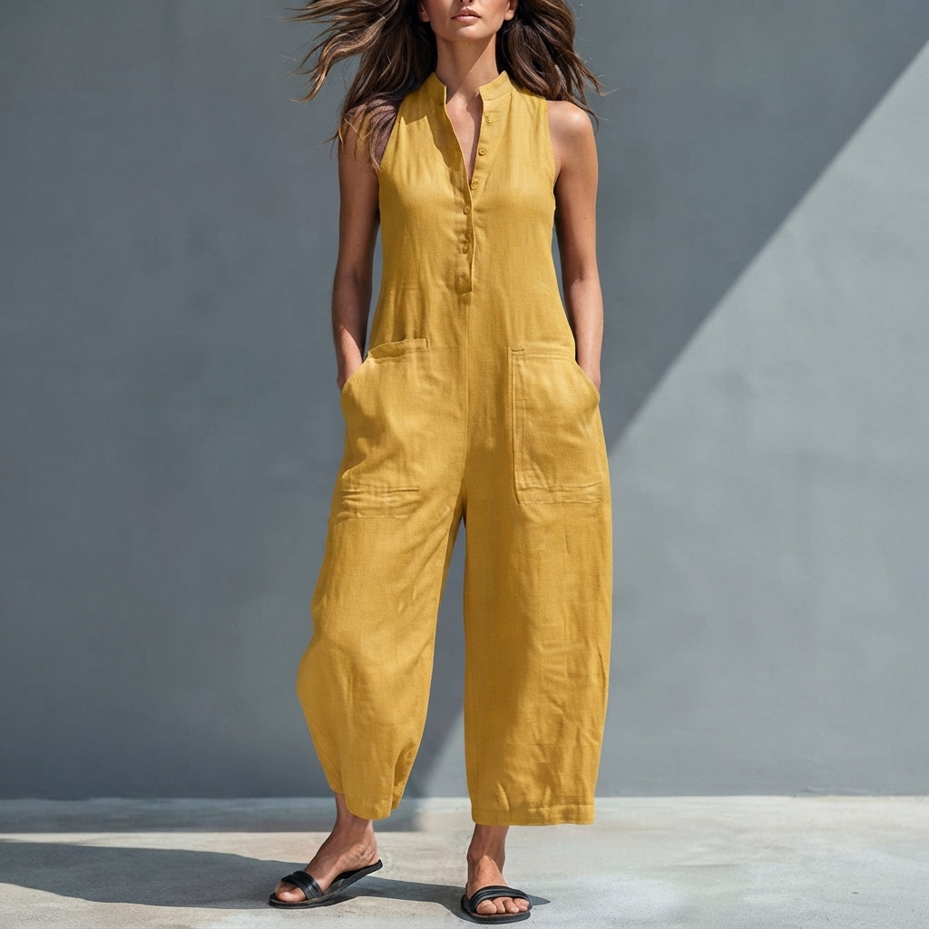 Chloe | Women's Sleeveless Linen Blend Jumpsuit with Button-Up Stand Collar