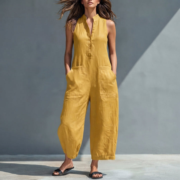 Chloe | Women's Sleeveless Linen Blend Jumpsuit with Button-Up Stand Collar