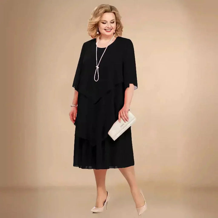 Eleanor | Women's Plus Size Layered Chiffon Knee-Length Dress, Three-Quarter Sleeves