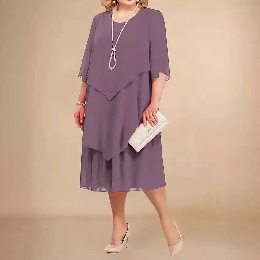 Eleanor | Women's Plus Size Layered Chiffon Knee-Length Dress, Three-Quarter Sleeves