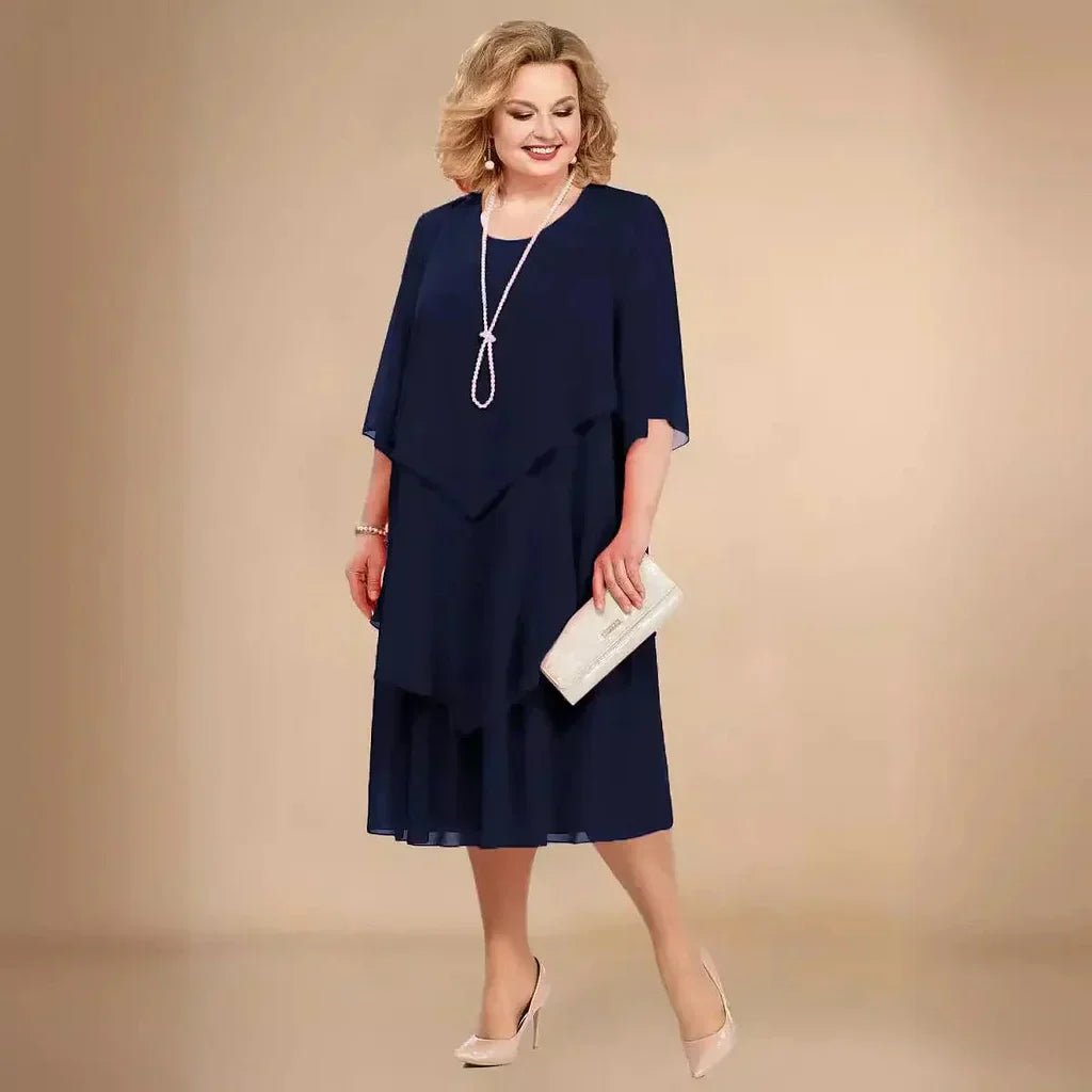 Eleanor | Women's Plus Size Layered Chiffon Knee-Length Dress, Three-Quarter Sleeves