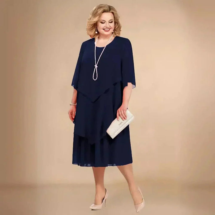 Eleanor | Women's Plus Size Layered Chiffon Knee-Length Dress, Three-Quarter Sleeves
