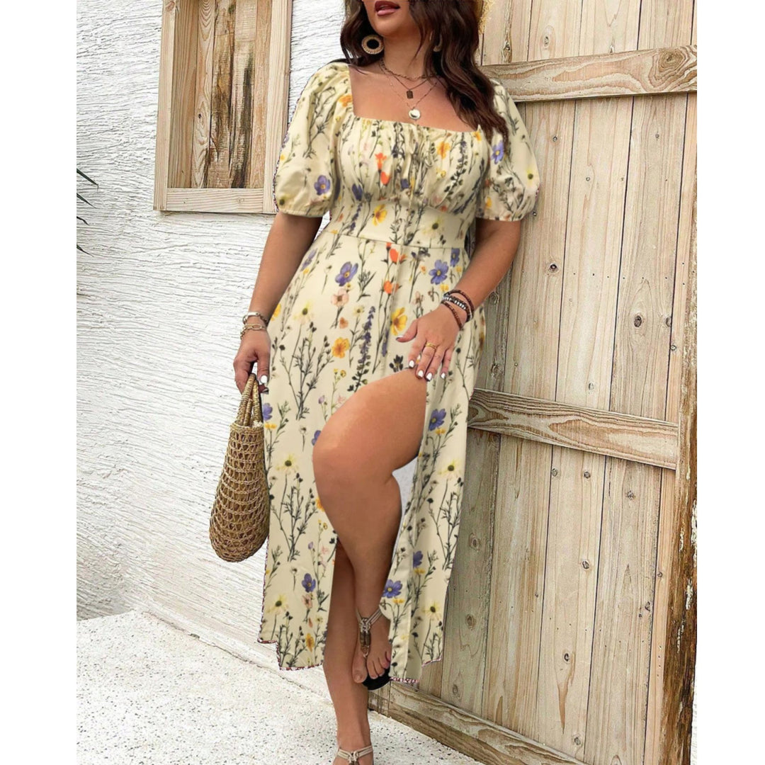 Mia | Women's Plus Size Puff Sleeve Maxi Dress with Flowing Skirt