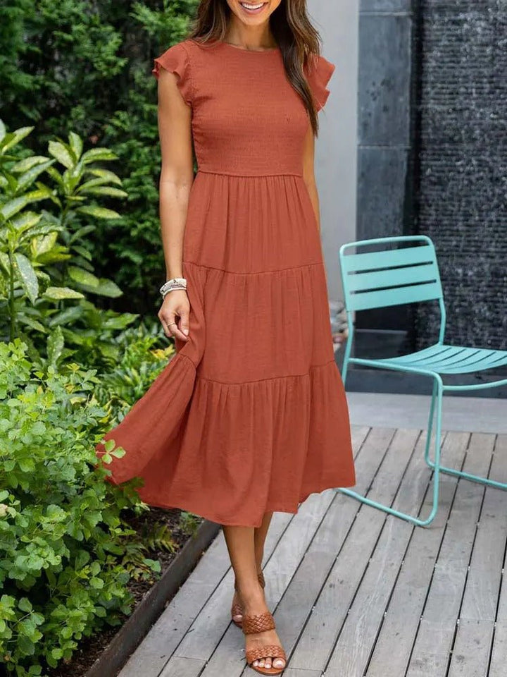 Luna | Women's Tummy-Control Cap Sleeve Tiered Maxi Dress, Smocked Bodice