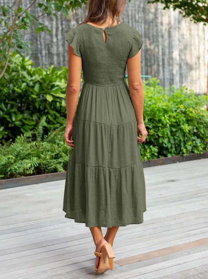 Luna | Women's Tummy-Control Cap Sleeve Tiered Maxi Dress, Smocked Bodice