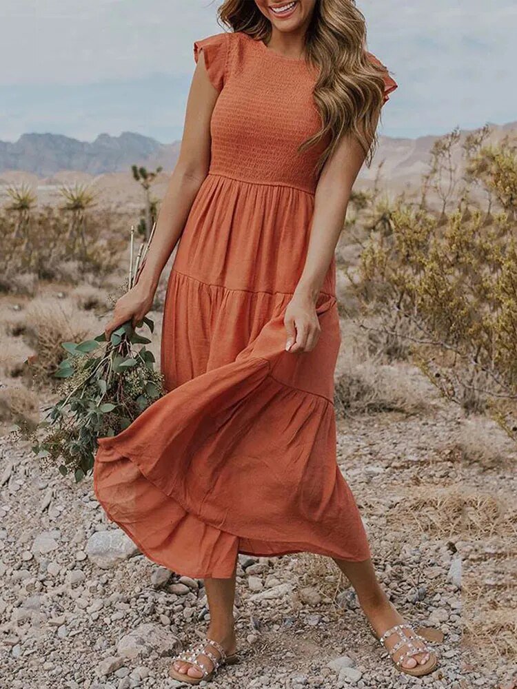 Luna | Women's Tummy-Control Cap Sleeve Tiered Maxi Dress, Smocked Bodice