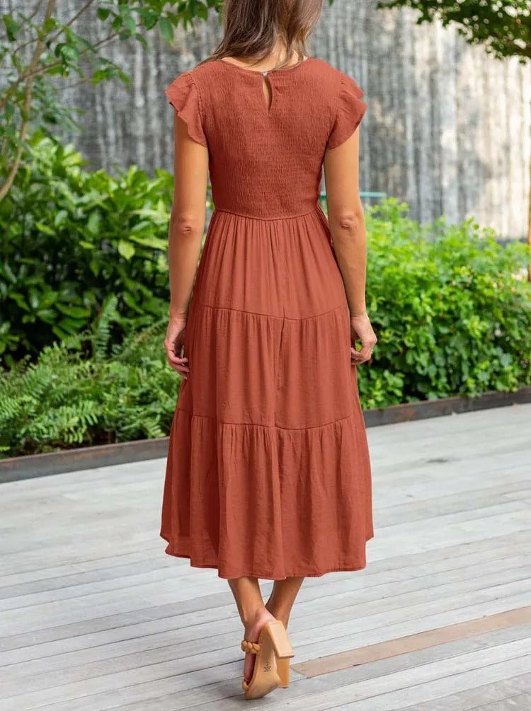 Luna | Women's Tummy-Control Cap Sleeve Tiered Maxi Dress, Smocked Bodice