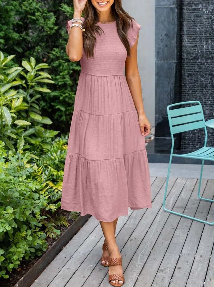 Luna | Women's Tummy-Control Cap Sleeve Tiered Maxi Dress, Smocked Bodice