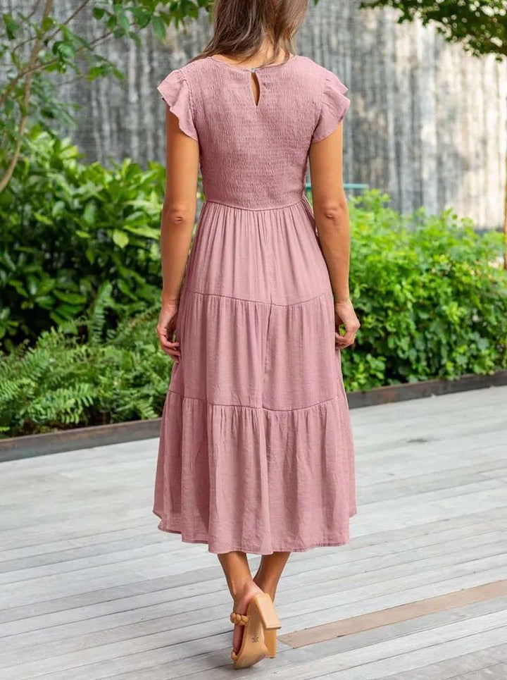 Luna | Women's Tummy-Control Cap Sleeve Tiered Maxi Dress, Smocked Bodice