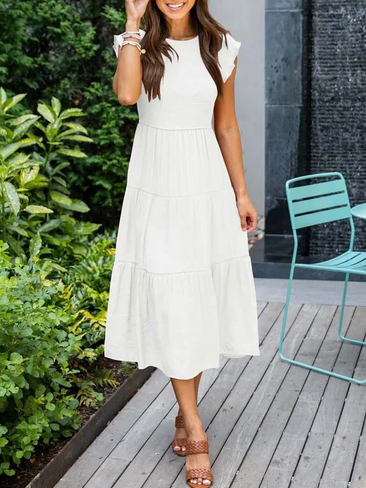 Luna | Women's Tummy-Control Cap Sleeve Tiered Maxi Dress, Smocked Bodice