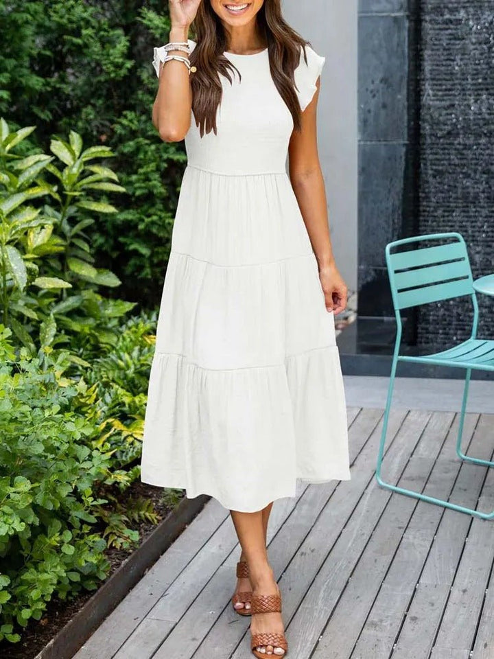Luna | Women's Tummy-Control Cap Sleeve Tiered Maxi Dress, Smocked Bodice