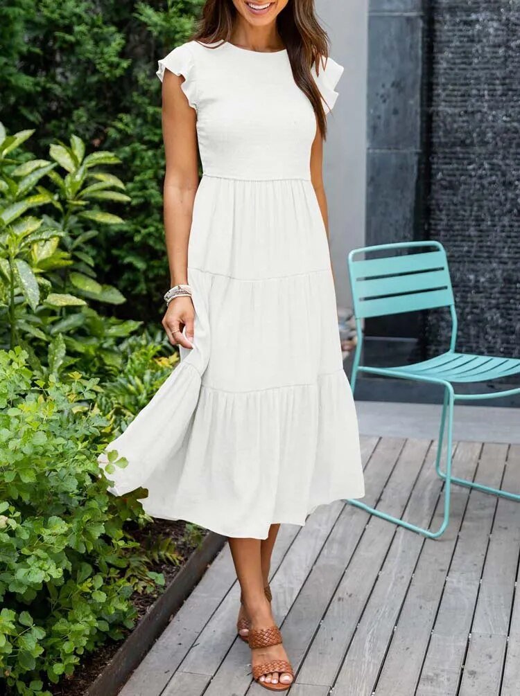 Luna | Women's Tummy-Control Cap Sleeve Tiered Maxi Dress, Smocked Bodice
