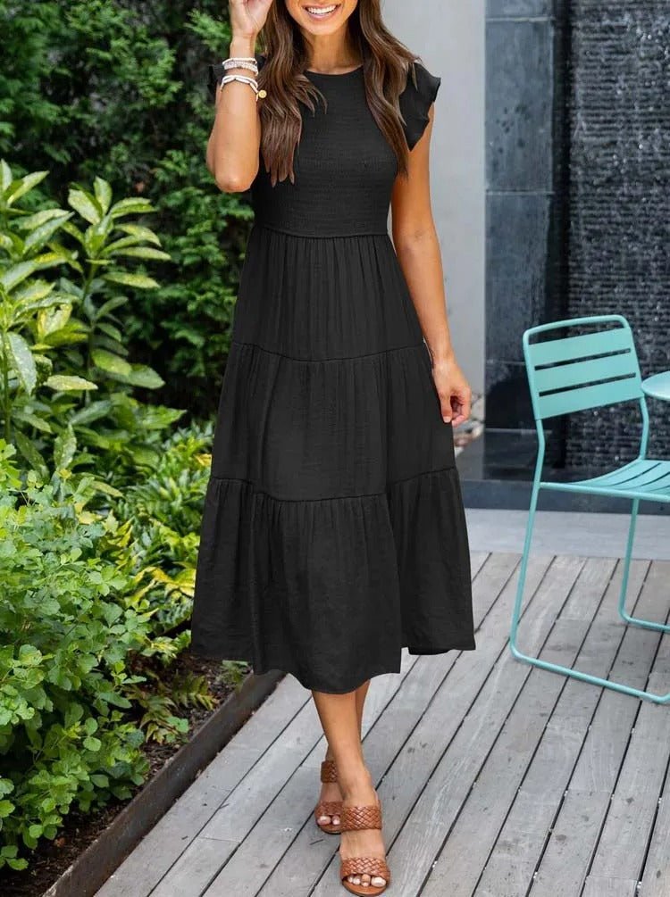 Luna | Women's Tummy-Control Cap Sleeve Tiered Maxi Dress, Smocked Bodice
