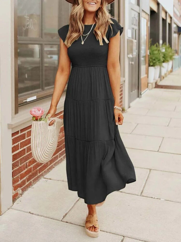 Luna | Women's Tummy-Control Cap Sleeve Tiered Maxi Dress, Smocked Bodice