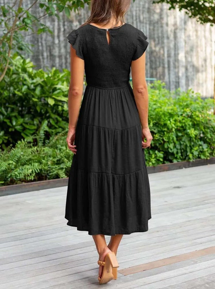 Luna | Women's Tummy-Control Cap Sleeve Tiered Maxi Dress, Smocked Bodice